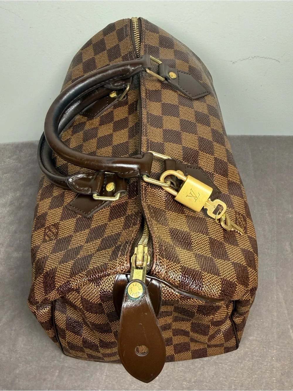 Louis Vuitton brown Damier Ebene Speedy 30 classic city handbag with lock n key